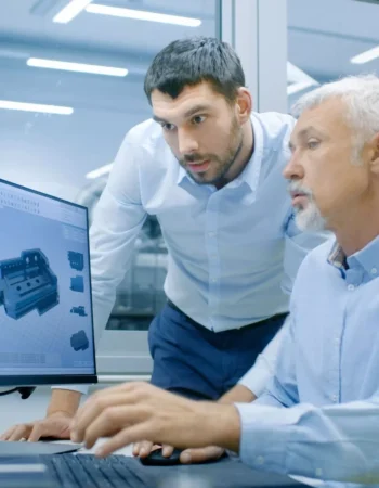 Industrieel ontwerper heeft gesprek met Senior Engineer terw